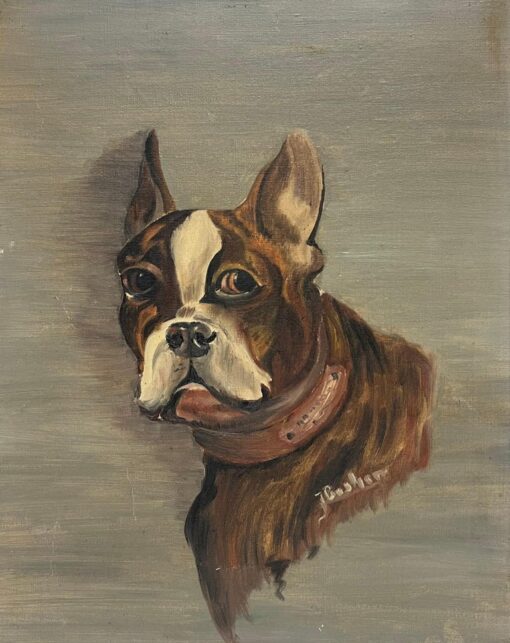 Antique French Signed Oil Painting Portrait of a Boston Terrier Dog