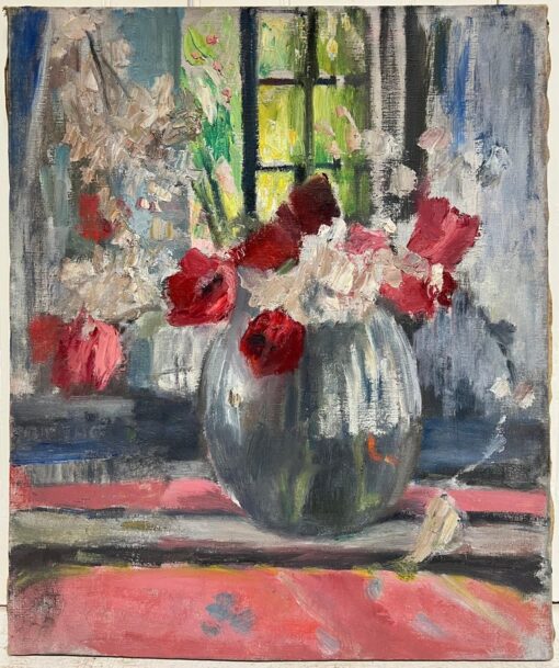 1950's Mid Century French Impressionist Oil Flowers in Vase in Windowsill - Image 2