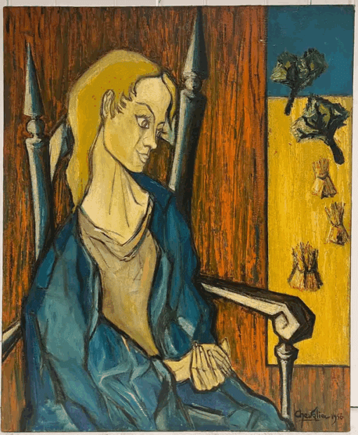 1950's French Expressionist Signed Painting Lady Seated in Chair Harvest Fields - Image 2