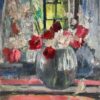 1950's Mid Century French Impressionist Oil Flowers in Vase in Windowsill