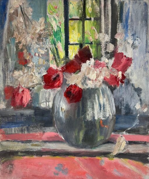 1950's Mid Century French Impressionist Oil Flowers in Vase in Windowsill