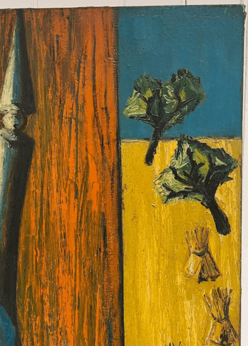 1950's French Expressionist Signed Painting Lady Seated in Chair Harvest Fields - Image 3