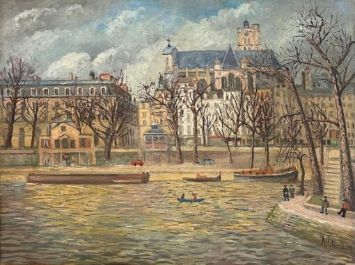 1960's French Signed Oil Figures on Parisian River Seine Island I'le de Citi - Image 2