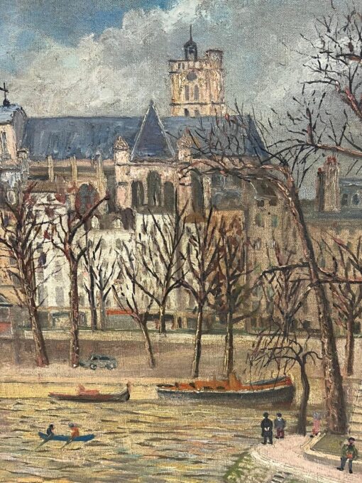 1960's French Signed Oil Figures on Parisian River Seine Island I'le de Citi - Image 3