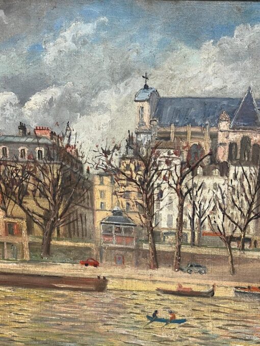 1960's French Signed Oil Figures on Parisian River Seine Island I'le de Citi - Image 4