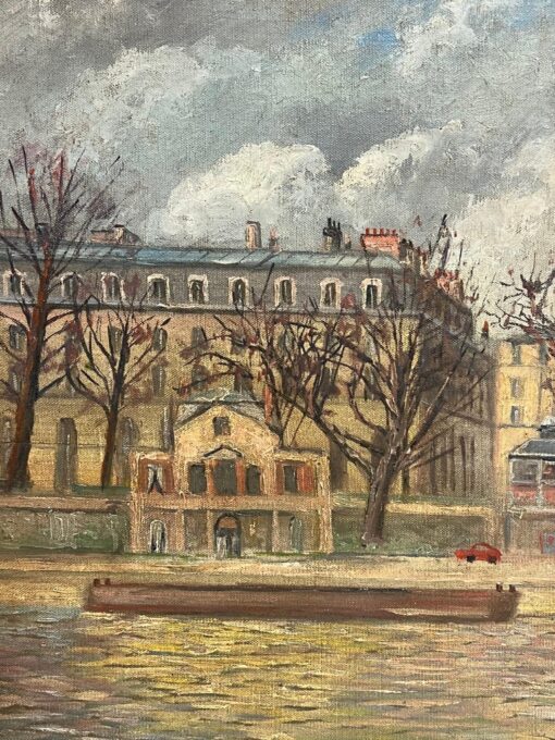 1960's French Signed Oil Figures on Parisian River Seine Island I'le de Citi - Image 7