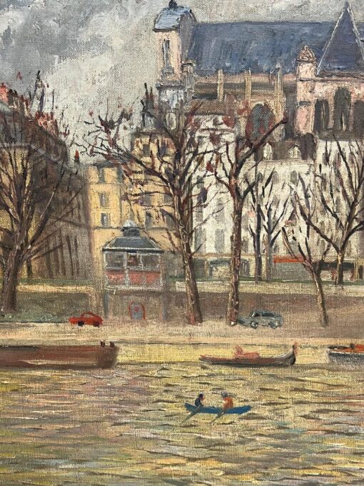 1960's French Signed Oil Figures on Parisian River Seine Island I'le de Citi - Image 8