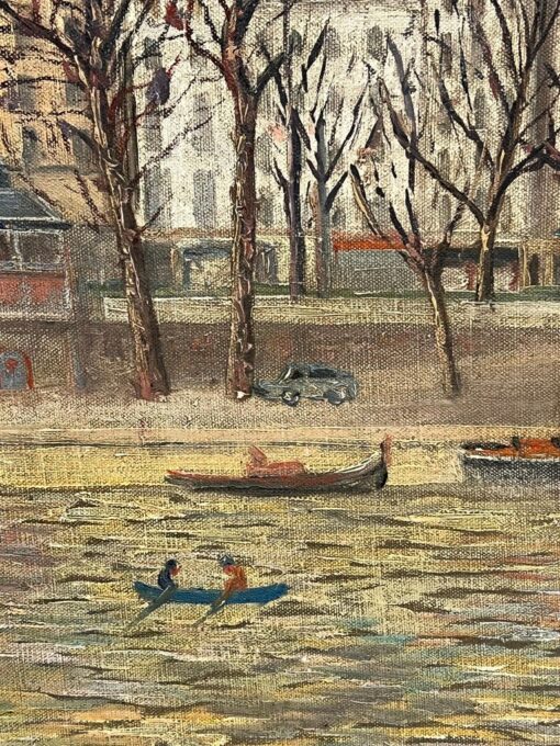1960's French Signed Oil Figures on Parisian River Seine Island I'le de Citi - Image 9