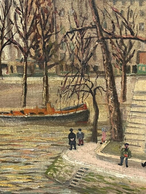 1960's French Signed Oil Figures on Parisian River Seine Island I'le de Citi - Image 10