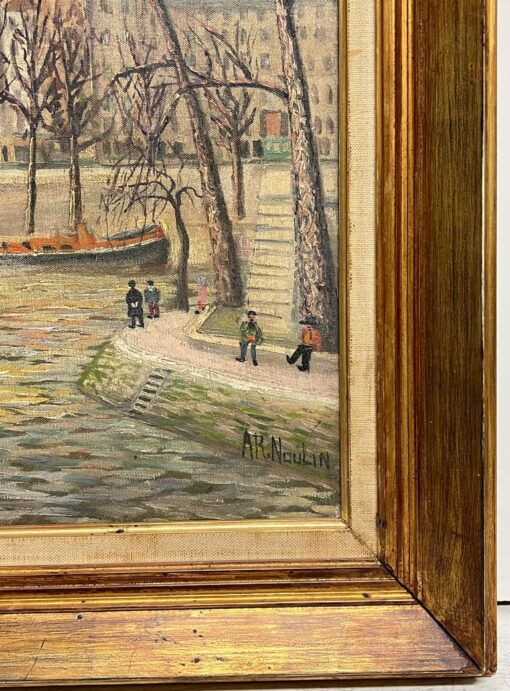 1960's French Signed Oil Figures on Parisian River Seine Island I'le de Citi - Image 12