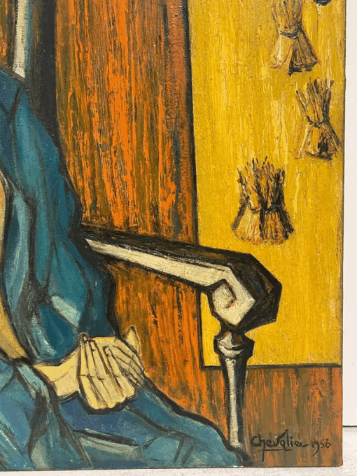 1950's French Expressionist Signed Painting Lady Seated in Chair Harvest Fields - Image 5