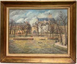 1960's French Signed Oil Figures on Parisian River Seine Island I'le de Citi