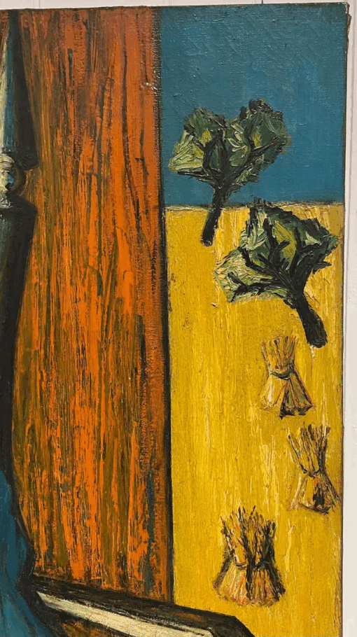 1950's French Expressionist Signed Painting Lady Seated in Chair Harvest Fields - Image 6