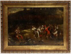 17th Century Flemish Old Master Dancing Figures Musicians Antique Oil Painting