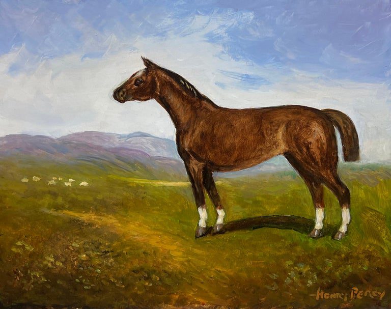 Chestnut Horse Standing in English Landscape Signed British Oil Painting