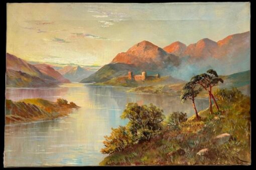 Antique Scottish Landscape Oil Painting Castle overlooking Highland Loch Sunset - Image 2