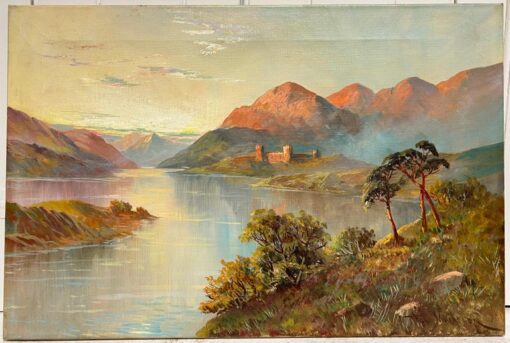 Antique Scottish Landscape Oil Painting Castle overlooking Highland Loch Sunset - Image 3