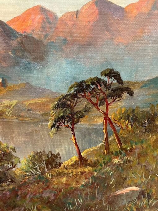 Antique Scottish Landscape Oil Painting Castle overlooking Highland Loch Sunset - Image 4