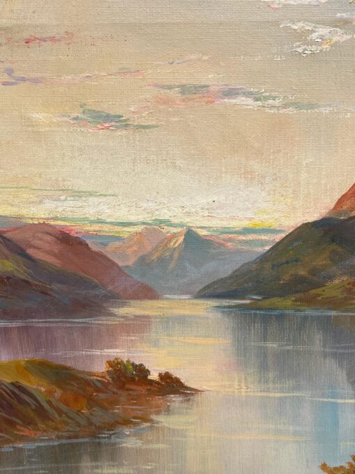 Antique Scottish Landscape Oil Painting Castle overlooking Highland Loch Sunset - Image 6