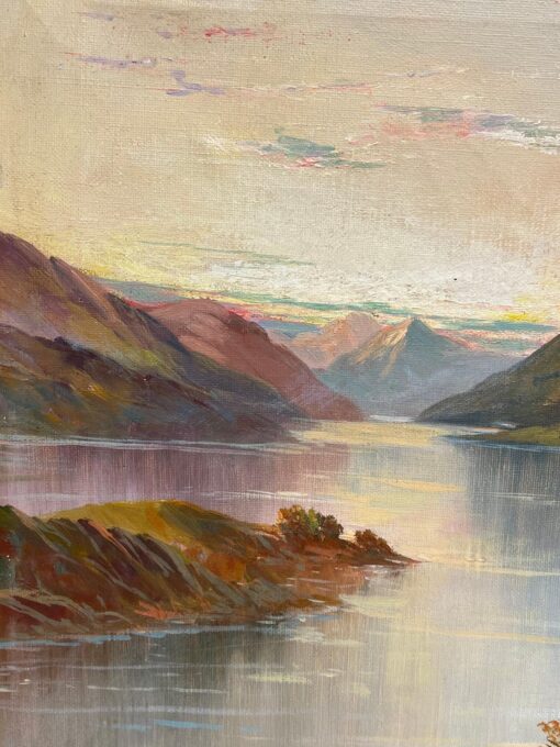 Antique Scottish Landscape Oil Painting Castle overlooking Highland Loch Sunset - Image 7