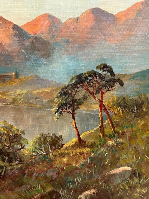 Antique Scottish Landscape Oil Painting Castle overlooking Highland Loch Sunset - Image 9