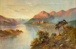 Antique Scottish Landscape Oil Painting Castle overlooking Highland Loch Sunset