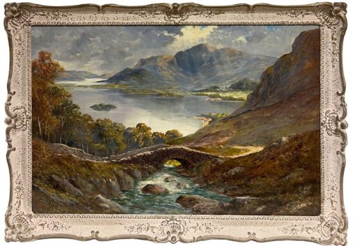 Antique Scottish Landscape Oil Painting Dramatic Highland Loch & Bridge - Image 3