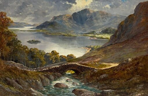 Antique Scottish Landscape Oil Painting Dramatic Highland Loch & Bridge - Image 4