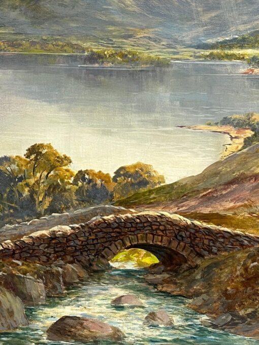 Antique Scottish Landscape Oil Painting Dramatic Highland Loch & Bridge - Image 13