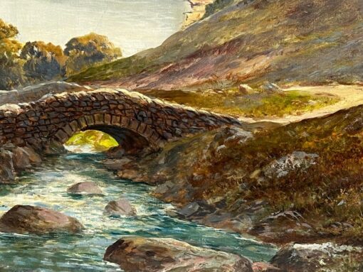 Antique Scottish Landscape Oil Painting Dramatic Highland Loch & Bridge - Image 14