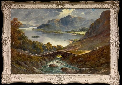 Antique Scottish Landscape Oil Painting Dramatic Highland Loch & Bridge