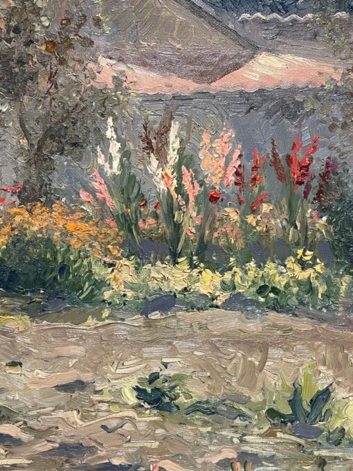 Huge 20th Century Russian Impressionist Signed Oil Painting Flower Garden House - Image 7