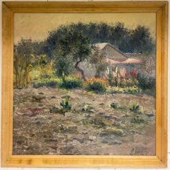 Huge 20th Century Russian Impressionist Signed Oil Painting Flower Garden House