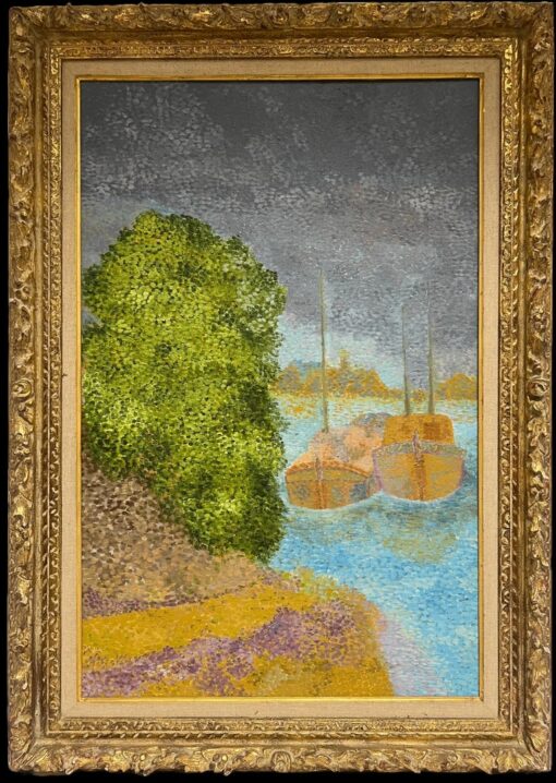 Pointillist French 20th Century Oil Painting Boats Moored on River Gilt Frame - Image 2