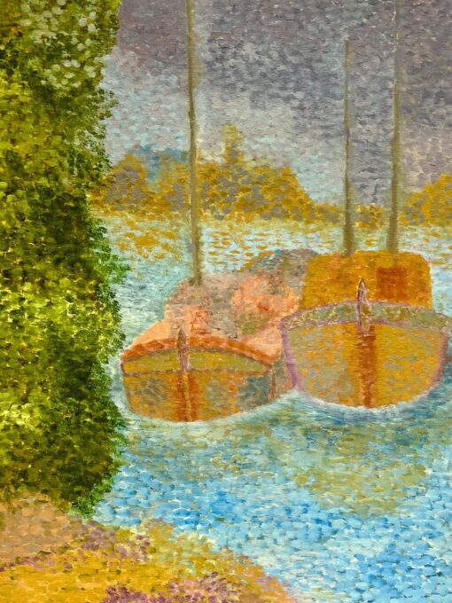Pointillist French 20th Century Oil Painting Boats Moored on River Gilt Frame - Image 4