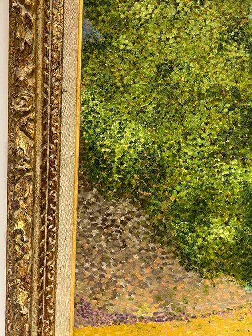 Pointillist French 20th Century Oil Painting Boats Moored on River Gilt Frame - Image 6