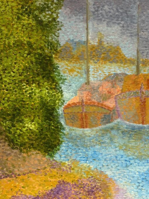 Pointillist French 20th Century Oil Painting Boats Moored on River Gilt Frame - Image 7