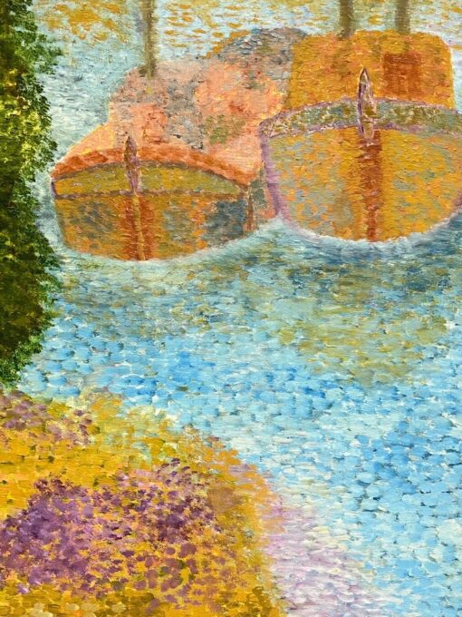 Pointillist French 20th Century Oil Painting Boats Moored on River Gilt Frame - Image 9
