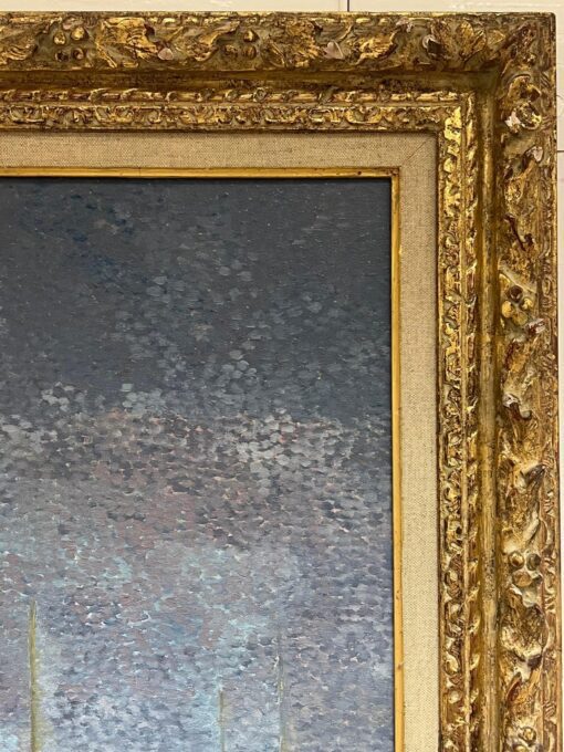 Pointillist French 20th Century Oil Painting Boats Moored on River Gilt Frame - Image 10
