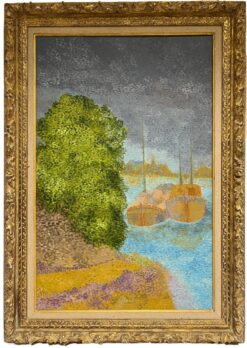Pointillist French 20th Century Oil Painting Boats Moored on River Gilt Frame