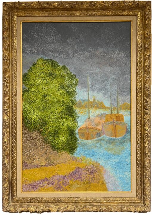 Pointillist French 20th Century Oil Painting Boats Moored on River Gilt Frame