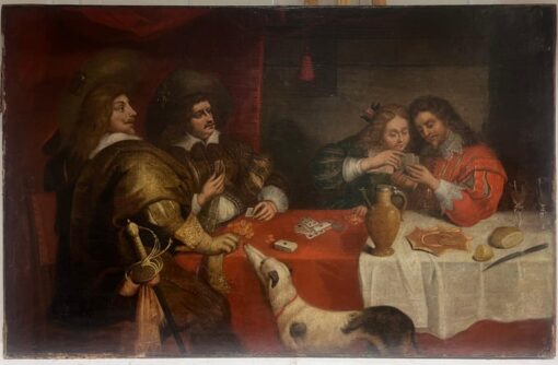Huge 17th Century Flemish Old Master Oil Painting Figures Playing Cards - Image 2