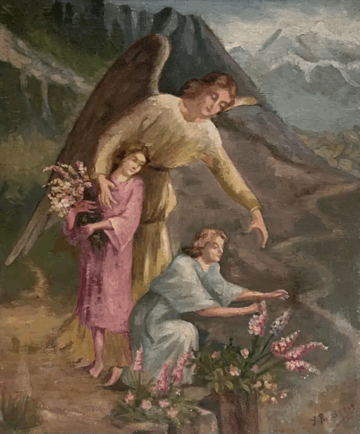 Antique French Signed Oil Painting Angel with Two Children Picking Flowers