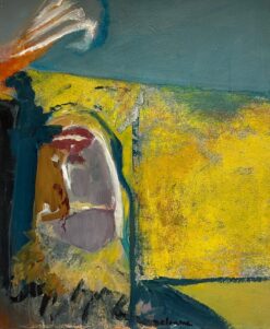 Large French 20th Century Abstract Expressionist Oil Painting Yellow Blue