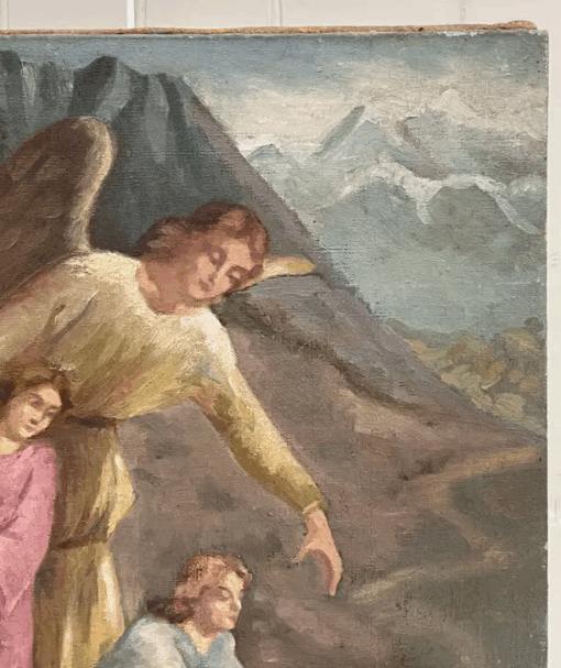 Antique French Signed Oil Painting Angel with Two Children Picking Flowers - Image 4