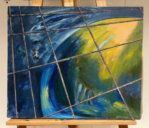 French 20th Century Abstract Cosmic Vision with Gridlines Blue Green and Yellow - Image 2