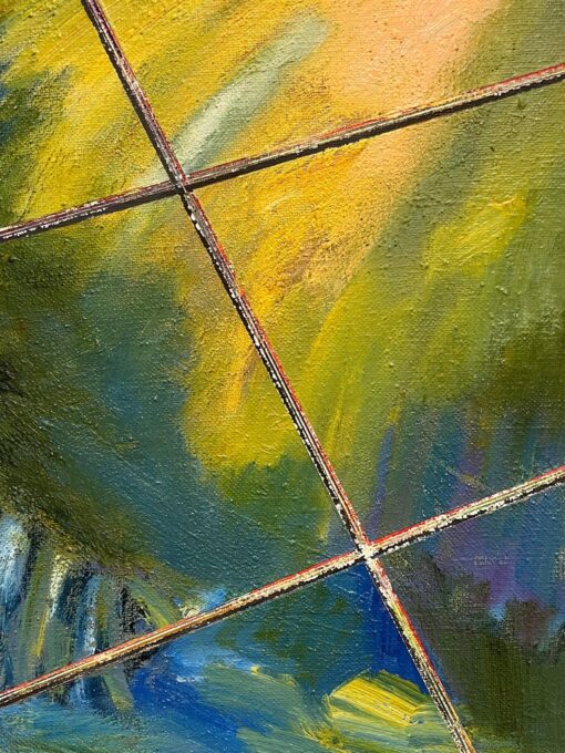 French 20th Century Abstract Cosmic Vision with Gridlines Blue Green and Yellow - Image 5