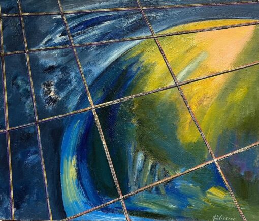 French 20th Century Abstract Cosmic Vision with Gridlines Blue Green and Yellow
