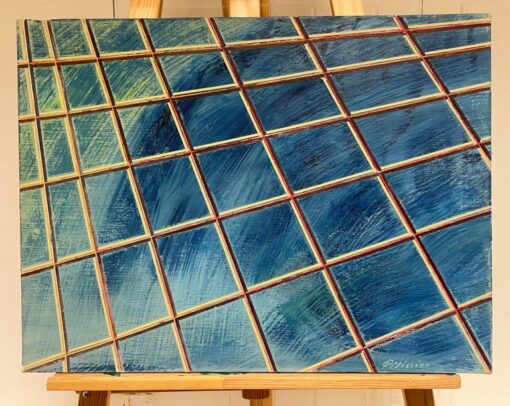 French 20th Century Gridded Geometry in Blue and Gold Contemporary Painting - Image 2