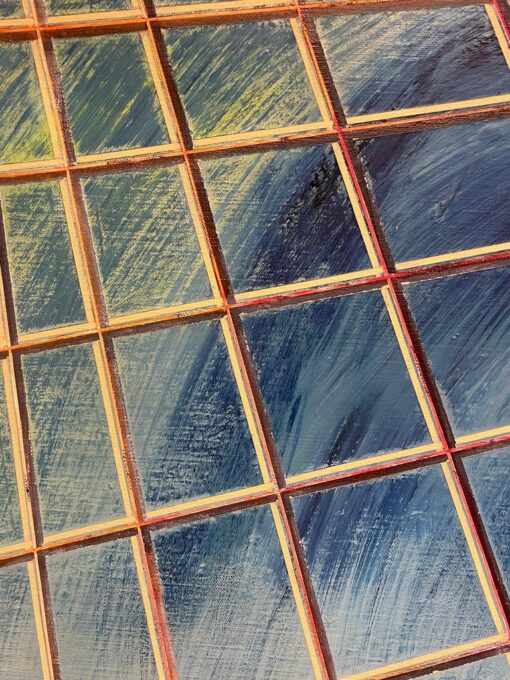 French 20th Century Gridded Geometry in Blue and Gold Contemporary Painting - Image 4